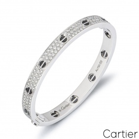 Cartier White Gold Pave Diamond & Ceramic Love Bracelet Size 20 N6032420